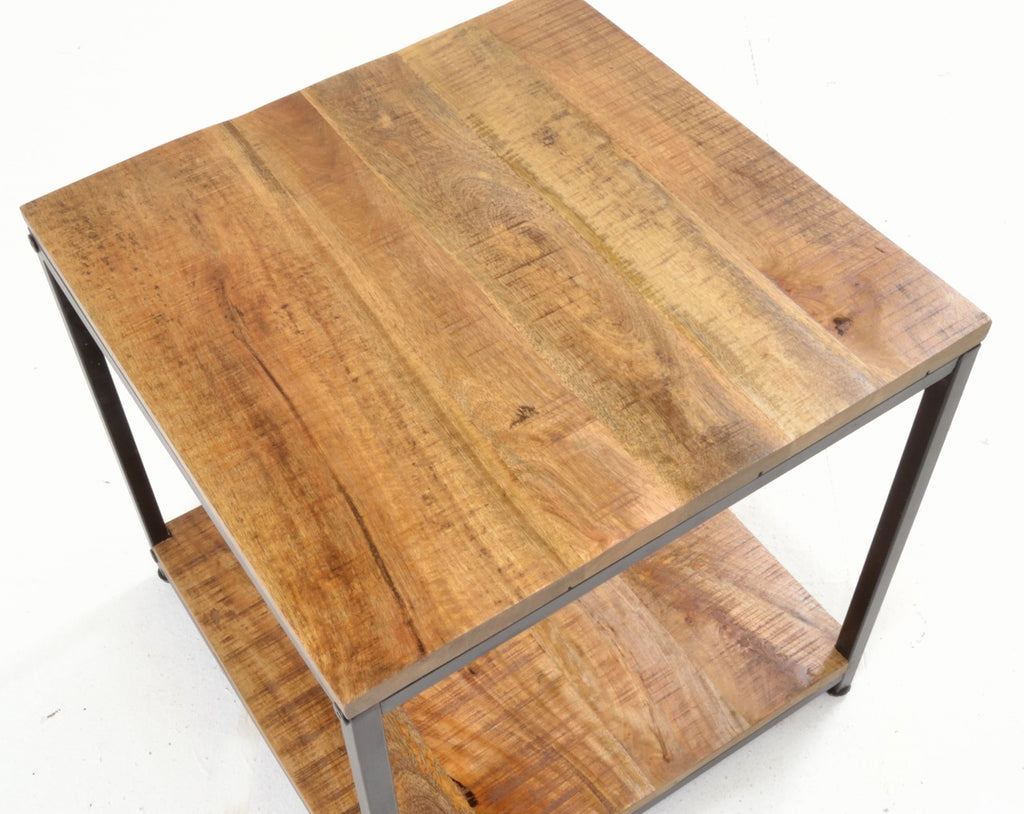 Industrial Style Natural Mango Wood Square Side Lamp Table - Home Furniture Interiors