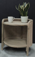 Vintage Natural Teak Rattan Two Tier Round Side End Table