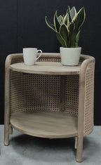 Vintage Natural Teak Rattan Two Tier Round Side End Table