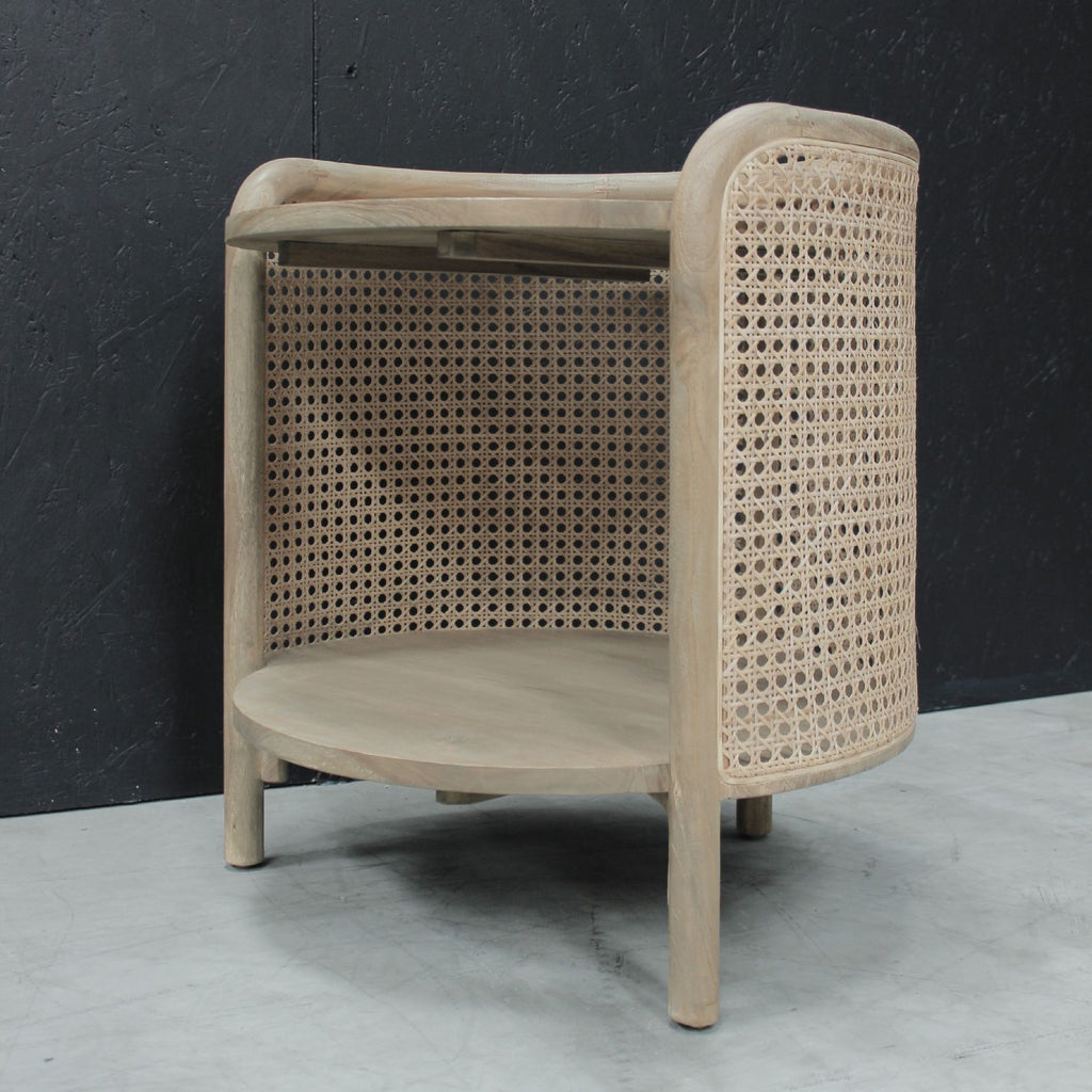 Vintage Natural Teak Rattan Two Tier Round Side End Table - Home Furniture Interiors