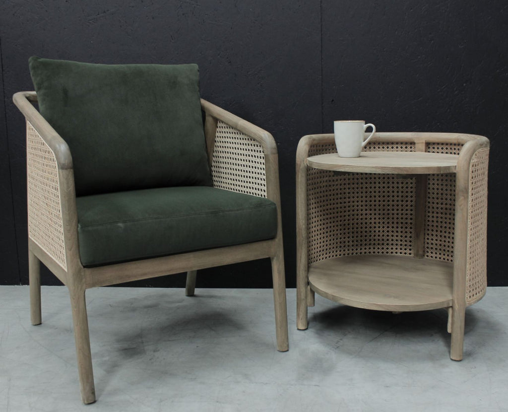 Vintage Natural Teak Rattan Two Tier Round Side End Table - Home Furniture Interiors