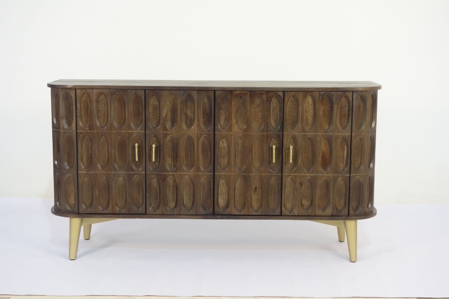 Artisan Mango Wood 4 Door Oval Carved Sideboard with Brass Legs - Home Furniture Interiors