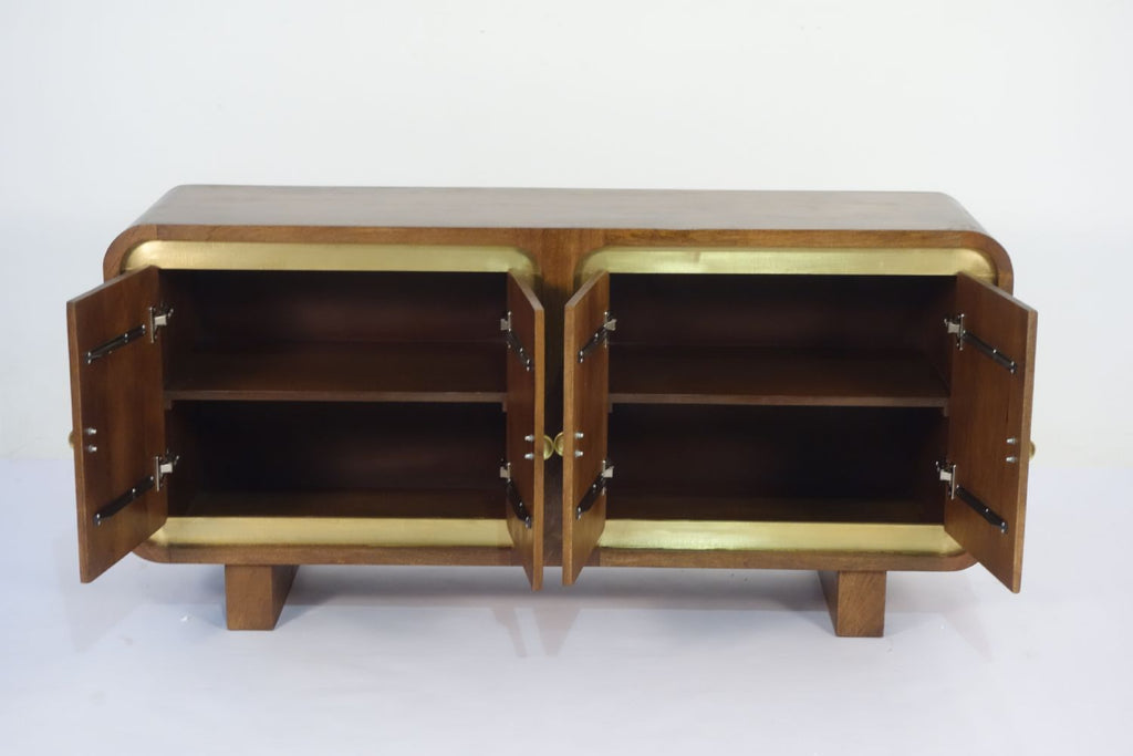 Modern Mango Wood 4 Door Sideboard with Brass Trim and Raised Block Base - Home Furniture Interiors