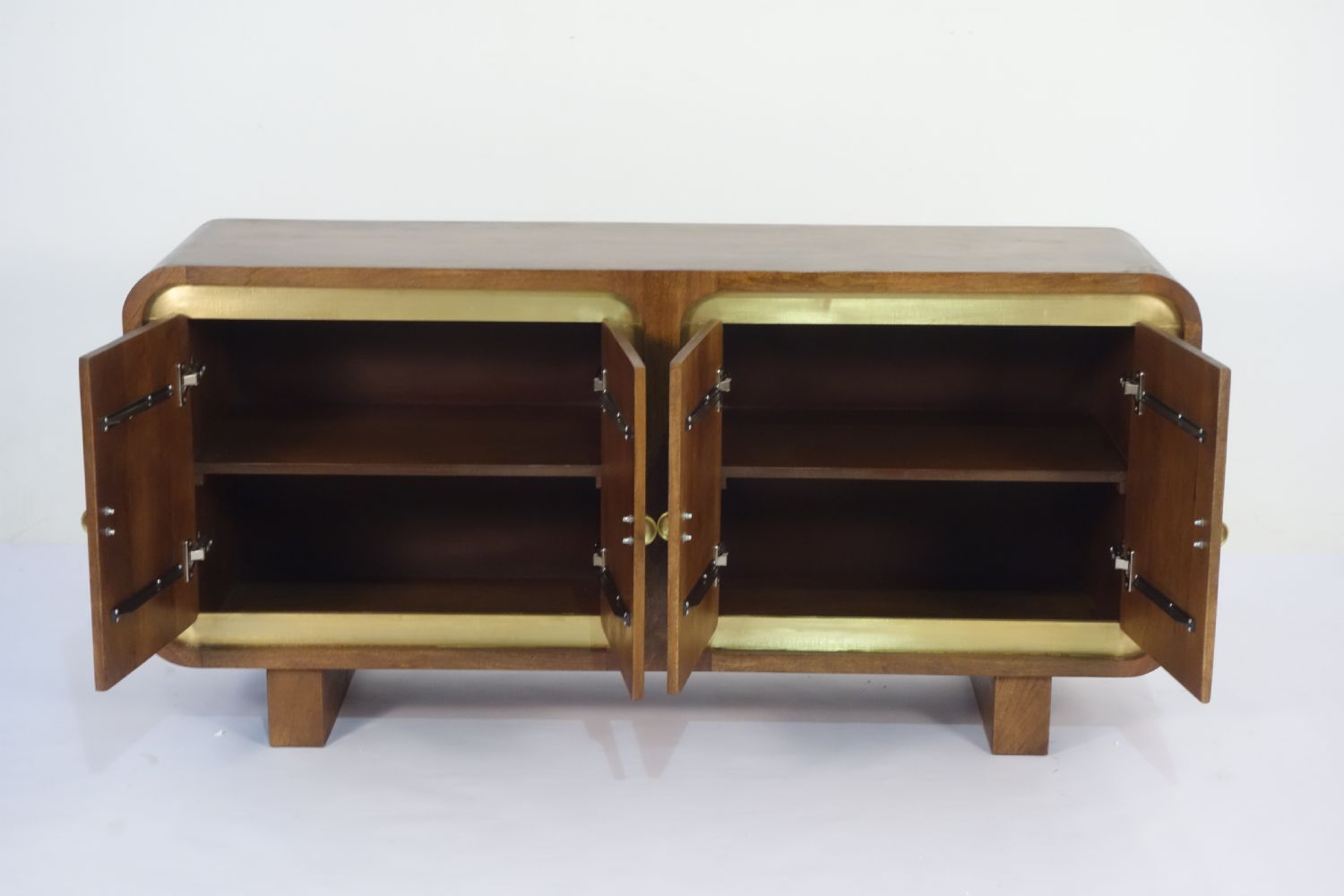 Modern Mango Wood 4 Door Sideboard with Brass Trim and Raised Block Base - Home Furniture Interiors