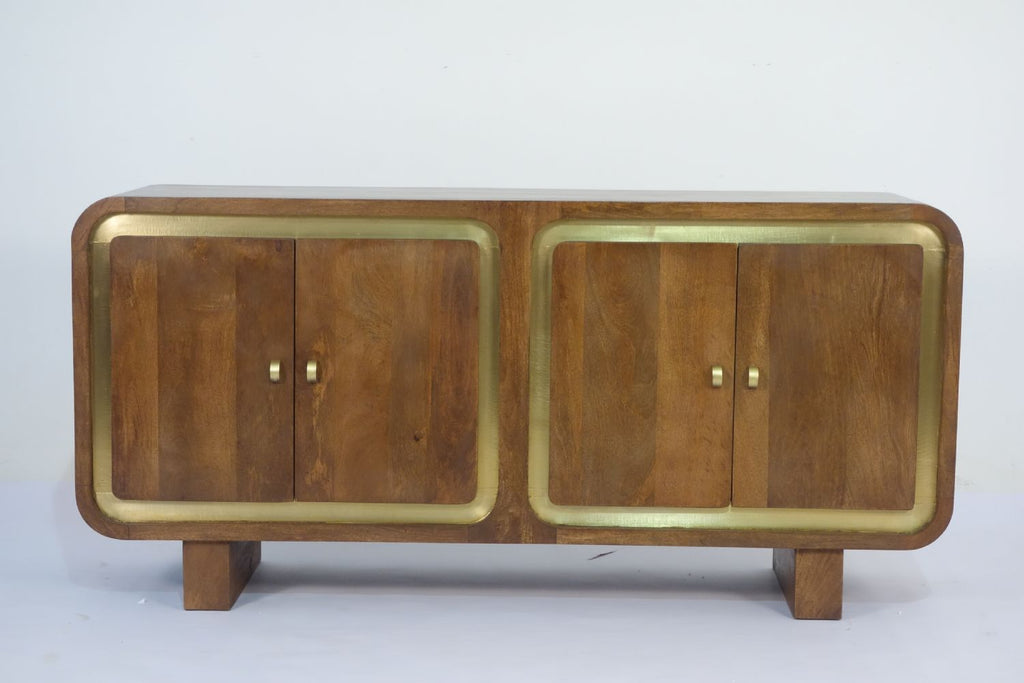 Modern Mango Wood 4 Door Sideboard with Brass Trim and Raised Block Base - Home Furniture Interiors