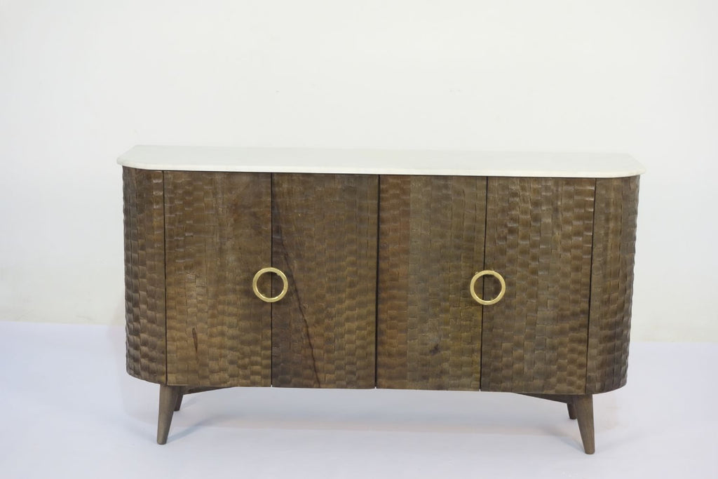 Natural Mango Wood White Marble Top 4 Door Chiseled Front Sideboard - Home Furniture Interiors