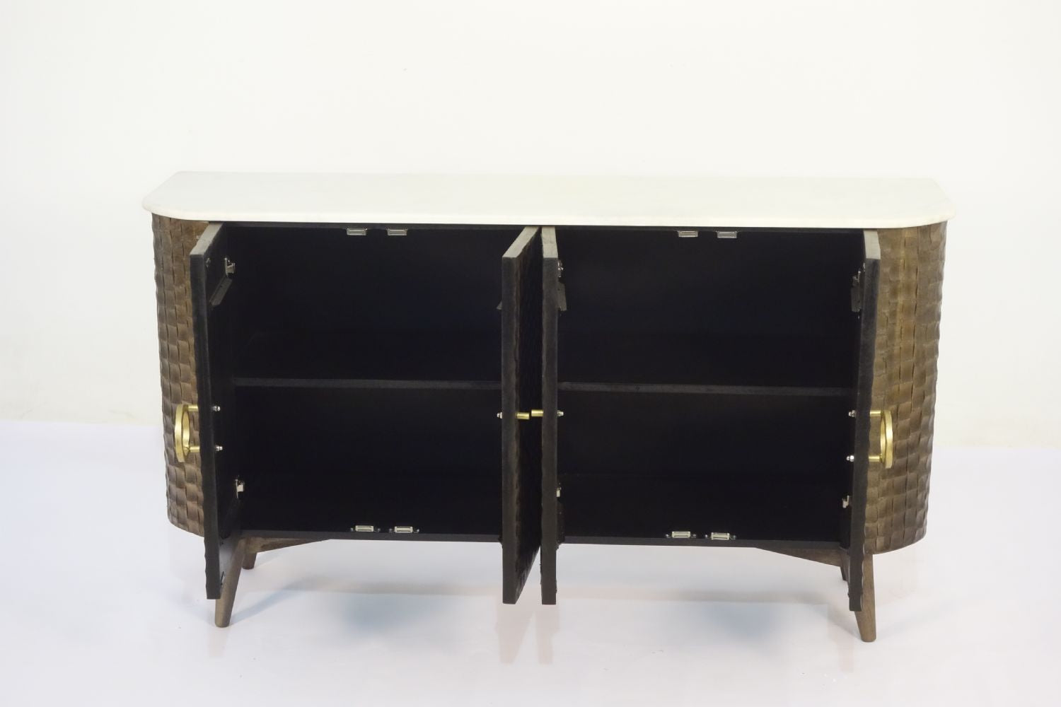 Natural Mango Wood White Marble Top 4 Door Chiseled Front Sideboard - Home Furniture Interiors