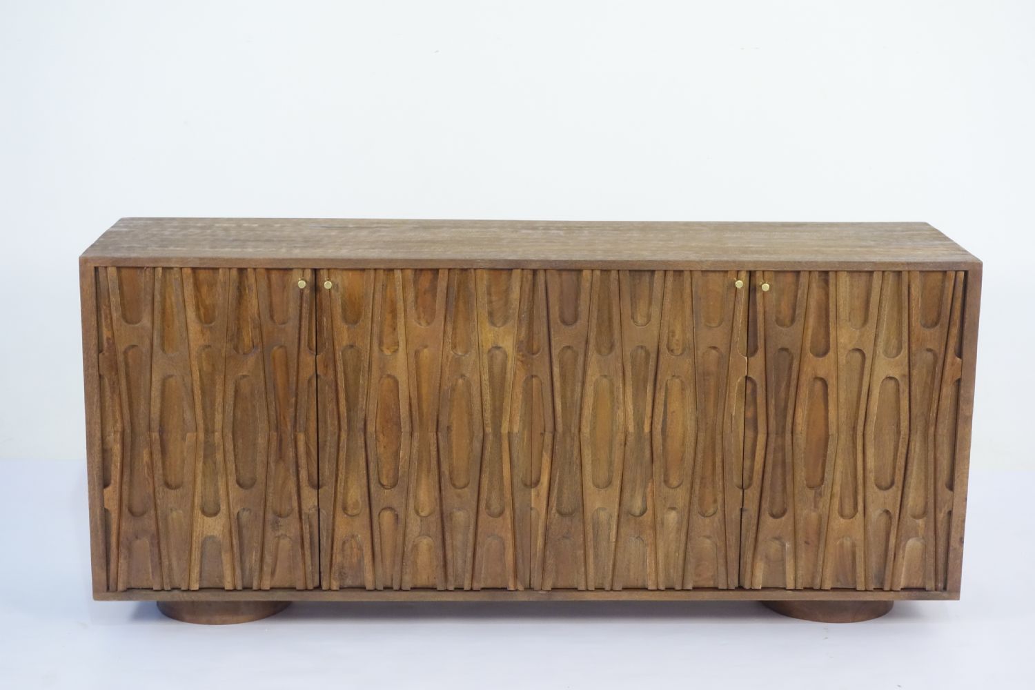 Retro Natural Mango Wood 4 Door Carved Sideboard with Plinth Base - Home Furniture Interiors