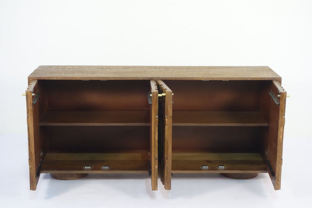 Retro Natural Mango Wood 4 Door Carved Sideboard with Plinth Base - Home Furniture Interiors