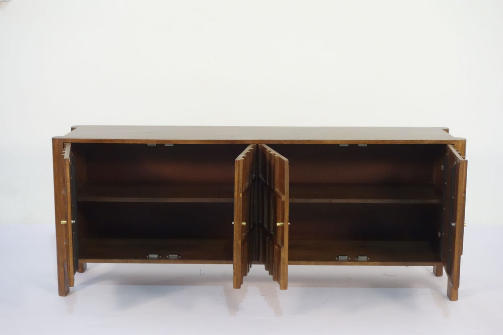 Traditional Mango Wood Geometric Detailing 4 Door Hand Carved Sideboard - Home Furniture Interiors