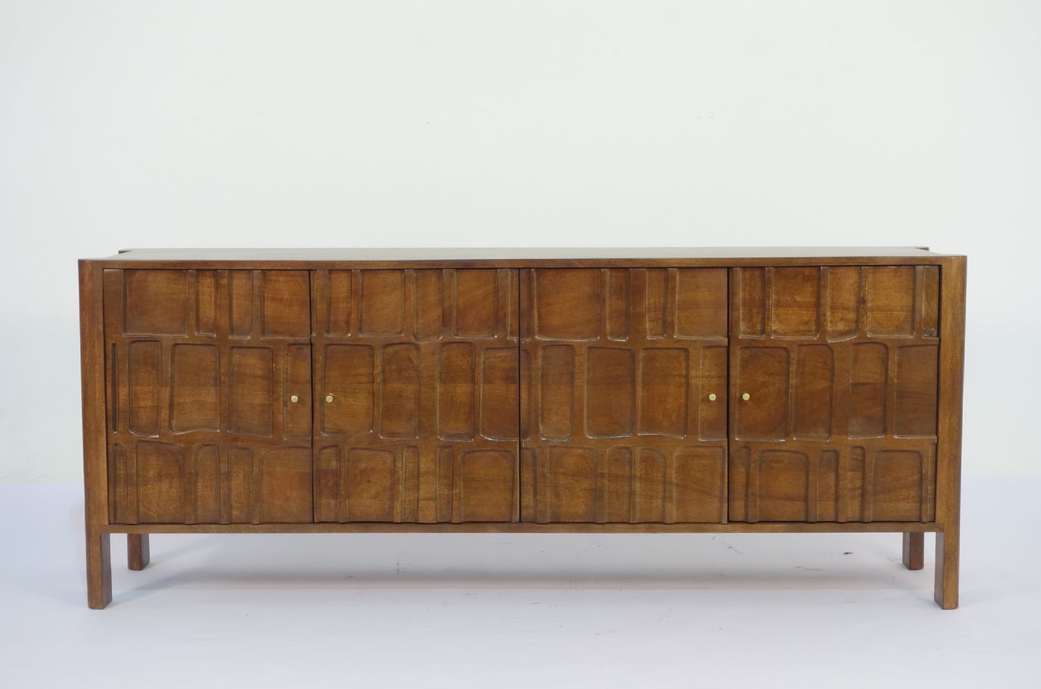 Traditional Mango Wood Geometric Detailing 4 Door Hand Carved Sideboard - Home Furniture Interiors