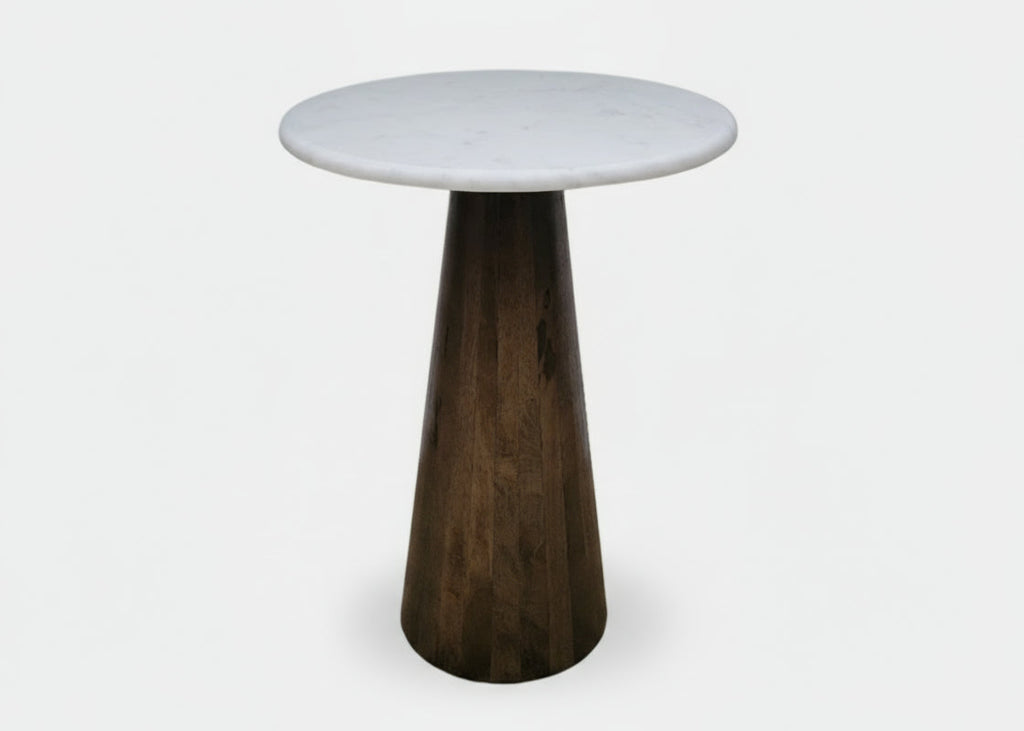 White Marble Top Natural Mango Wood Small Cone Side Table