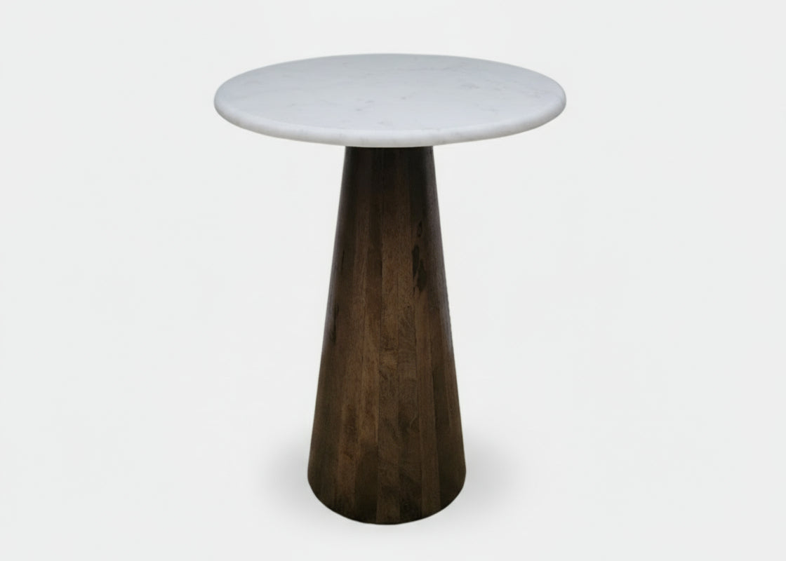 White Marble Top Natural Mango Wood Small Cone Side Table