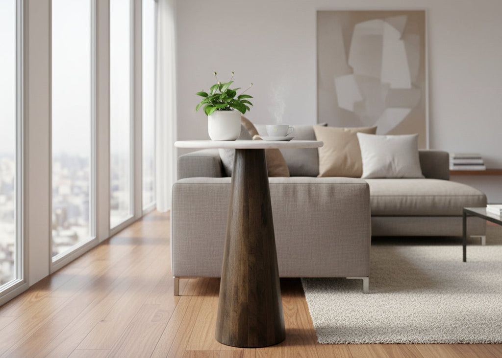 White Marble Top Natural Mango Wood Small Cone Side Table - Home Furniture Interiors