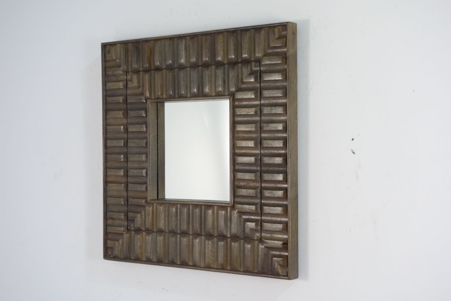 Bronze Mango Wood Square Wall Mirror with Carved Tile Detailing