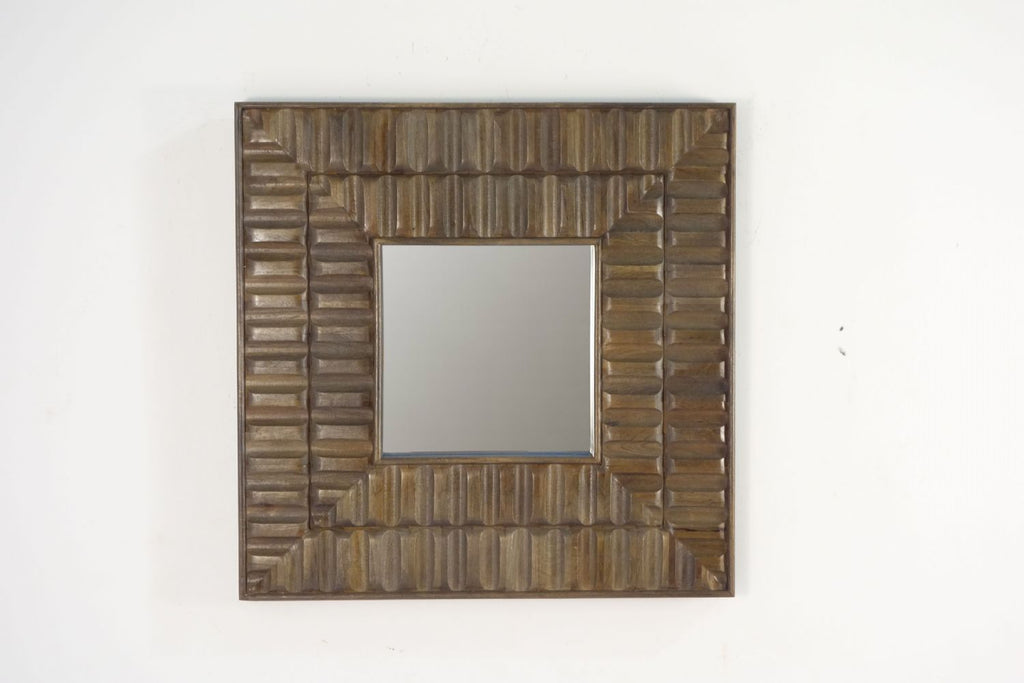 Bronze Mango Wood Square Wall Mirror with Carved Tile Detailing - Home Furniture Interiors