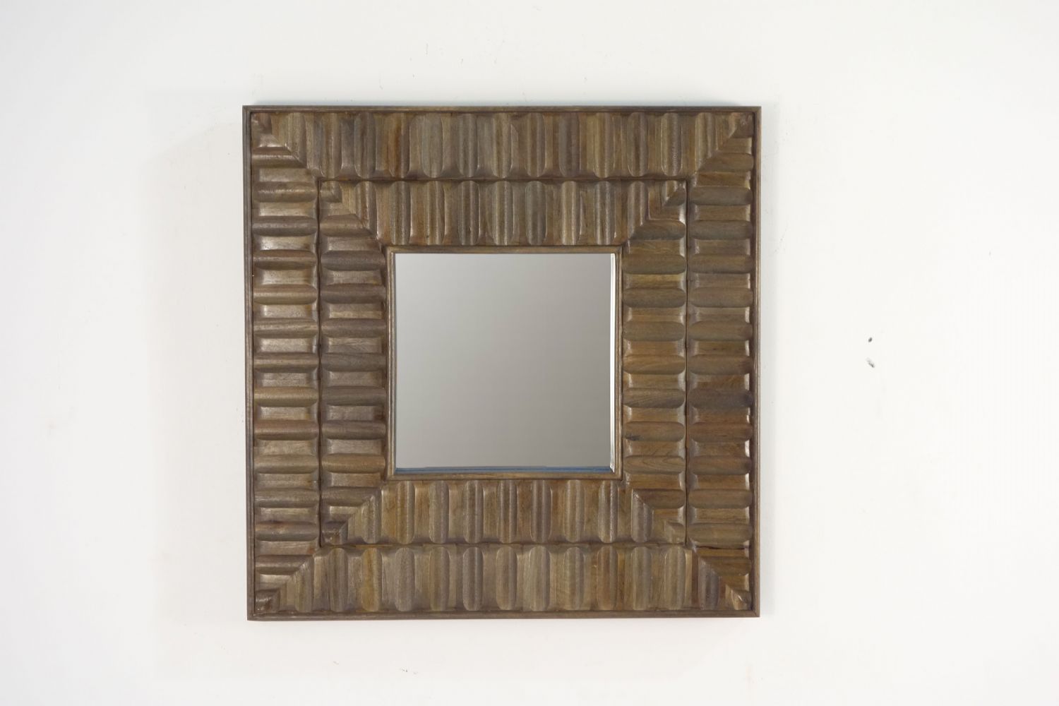 Bronze Mango Wood Square Wall Mirror with Carved Tile Detailing - Home Furniture Interiors