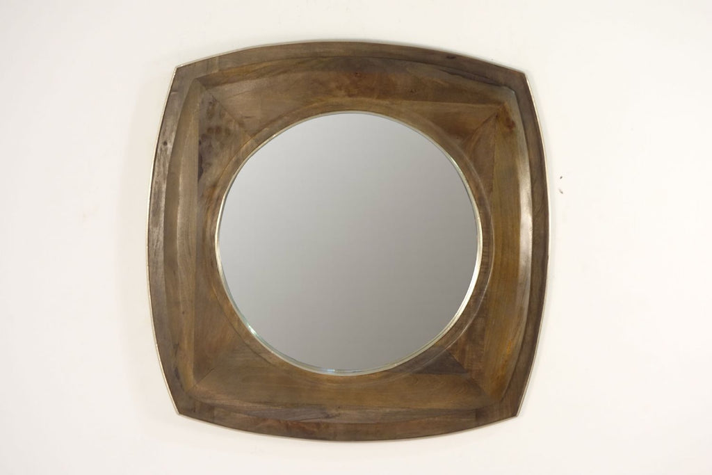 Rustic Style Curved Square Frame Mango Wood Round Mirror 107x107cm - Home Furniture Interiors