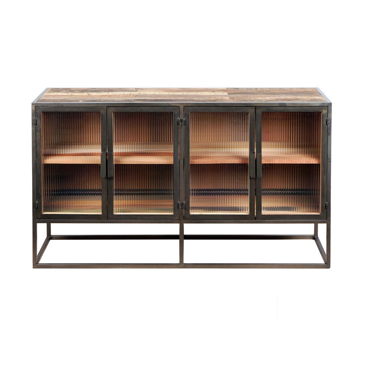 Industrial Dark Grey Reclaimed Wood 4 Glass Door Sideboard with Shelves