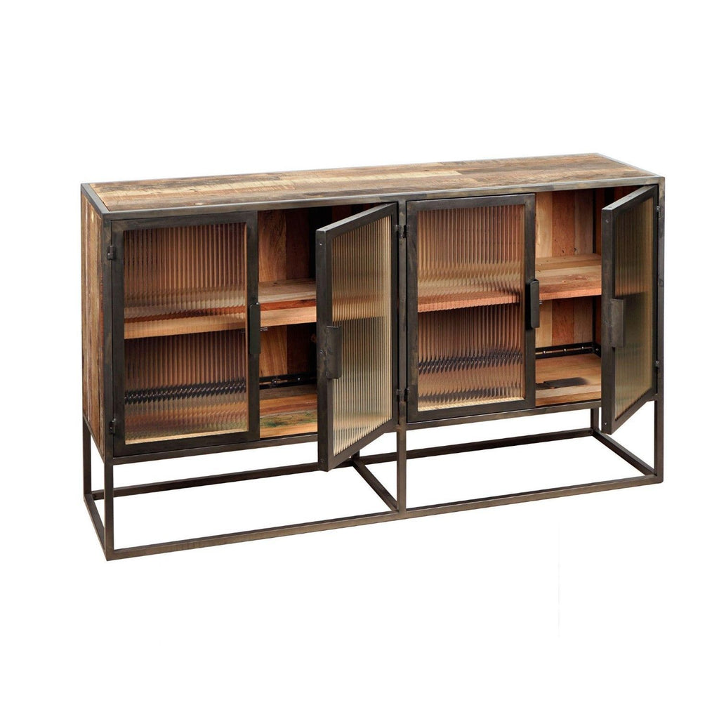 Industrial Dark Grey Reclaimed Wood 4 Glass Door Sideboard with Shelves