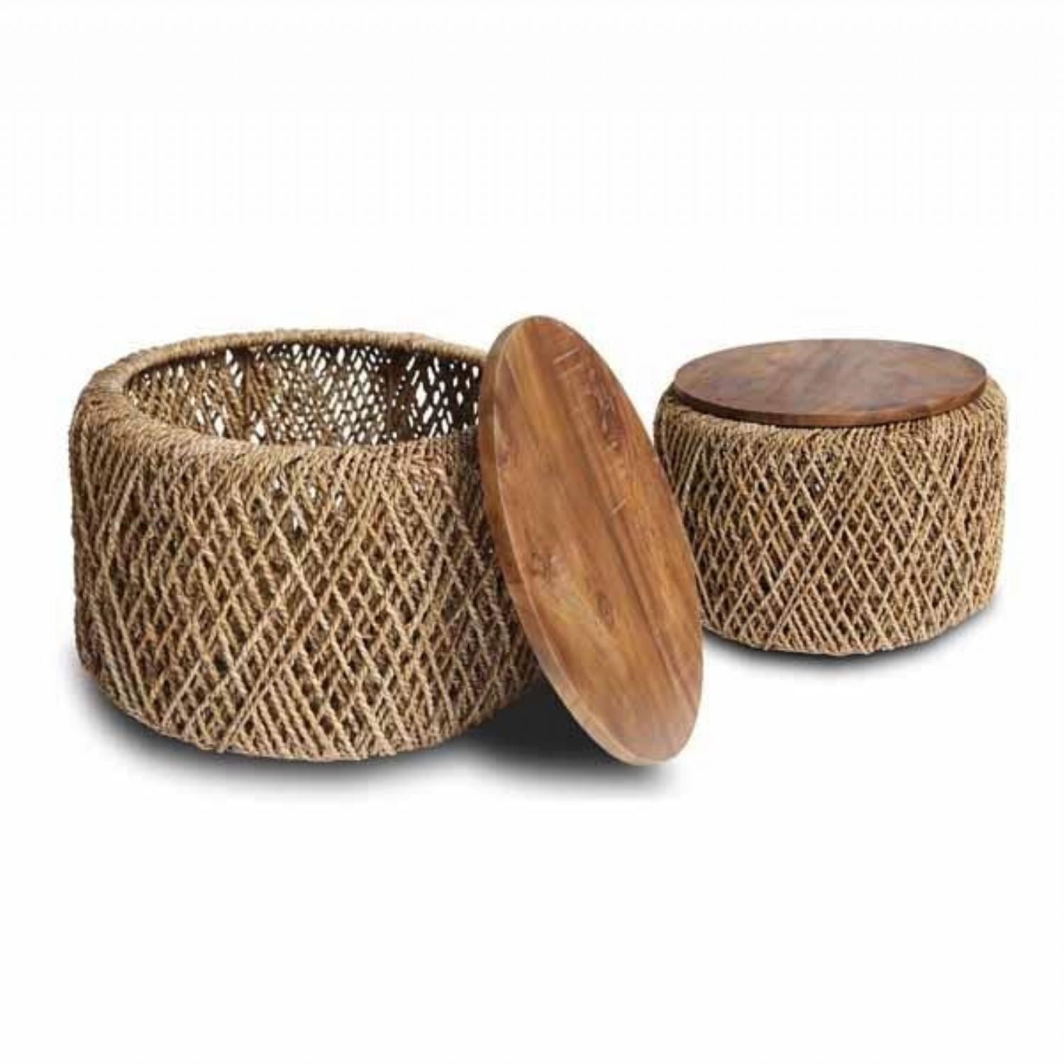 Set of 2 Natural Woven Rope Coffee Tables with Lift Off Wooden Tops