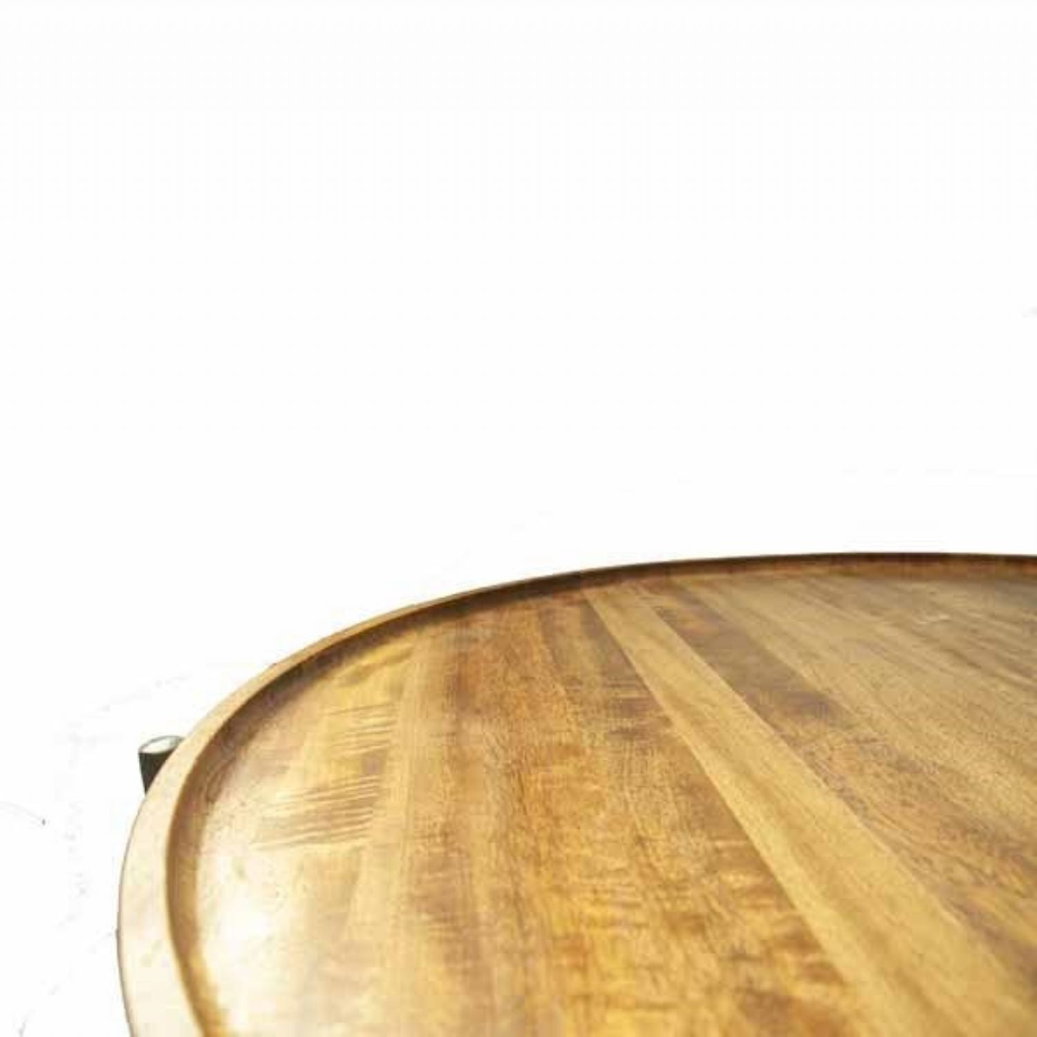 Modern Round Mango Wood Coffee Table with Gunmetal Frame and Display Shelf