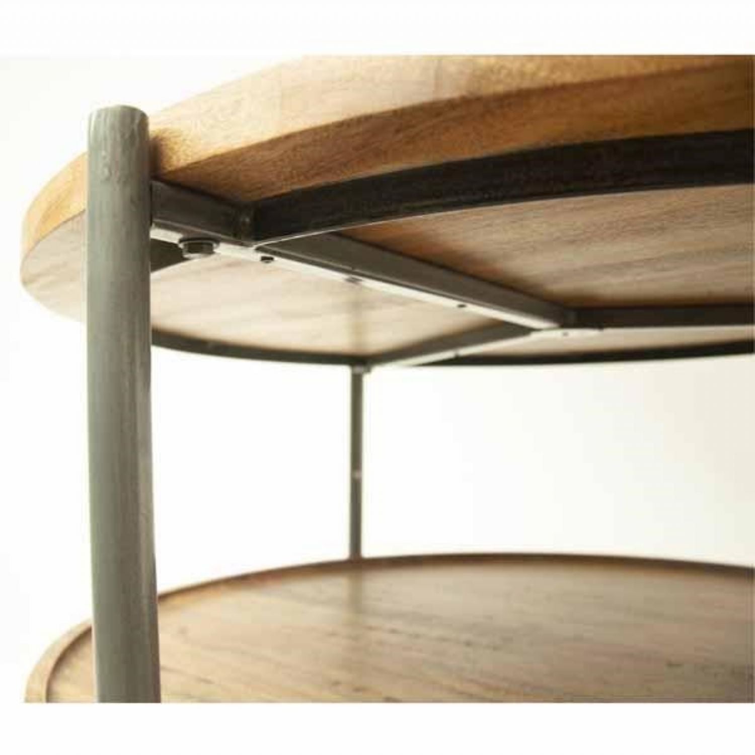 Modern Round Mango Wood Coffee Table with Gunmetal Frame and Display Shelf