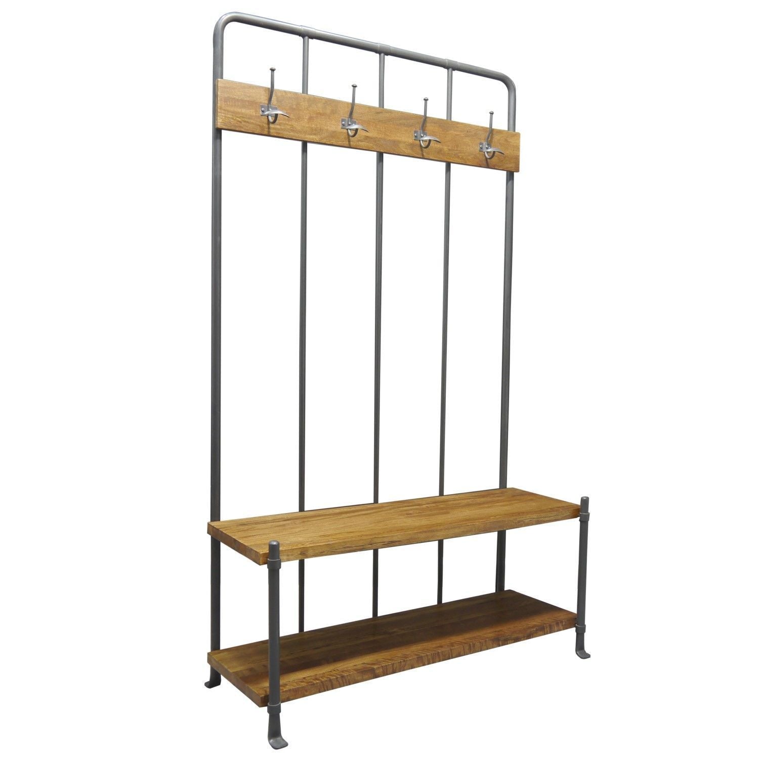Grey Mango Wood and Black Steel Hall Bench with Coat Rack