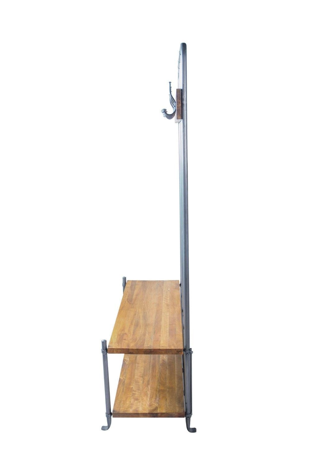 Grey Mango Wood and Black Steel Hall Bench with Coat Rack