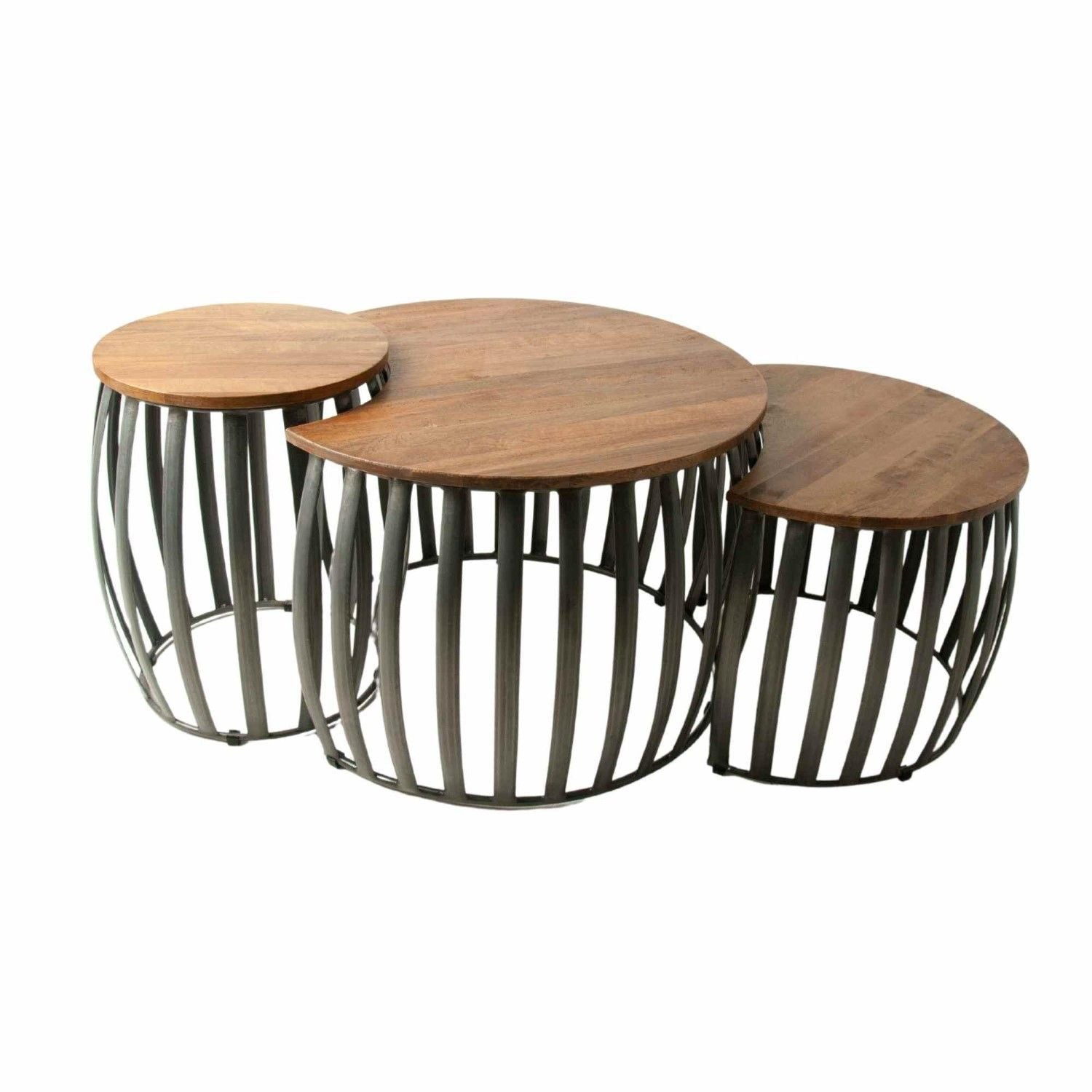 Grey Metal and Mango Wood Set of 3 Bunching Coffee Tables