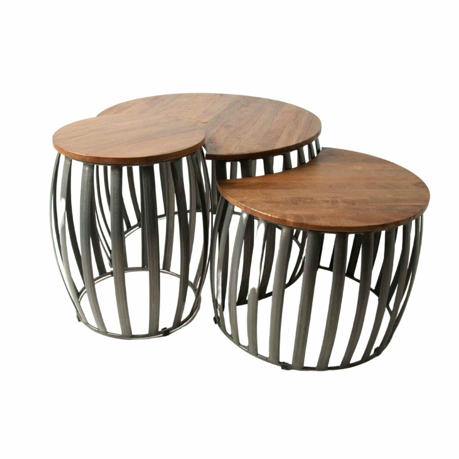 Grey Metal and Mango Wood Set of 3 Bunching Coffee Tables