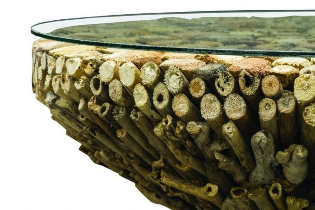 Driftwood Round Coffee Table With Round Glass Top - Home Furniture Interiors