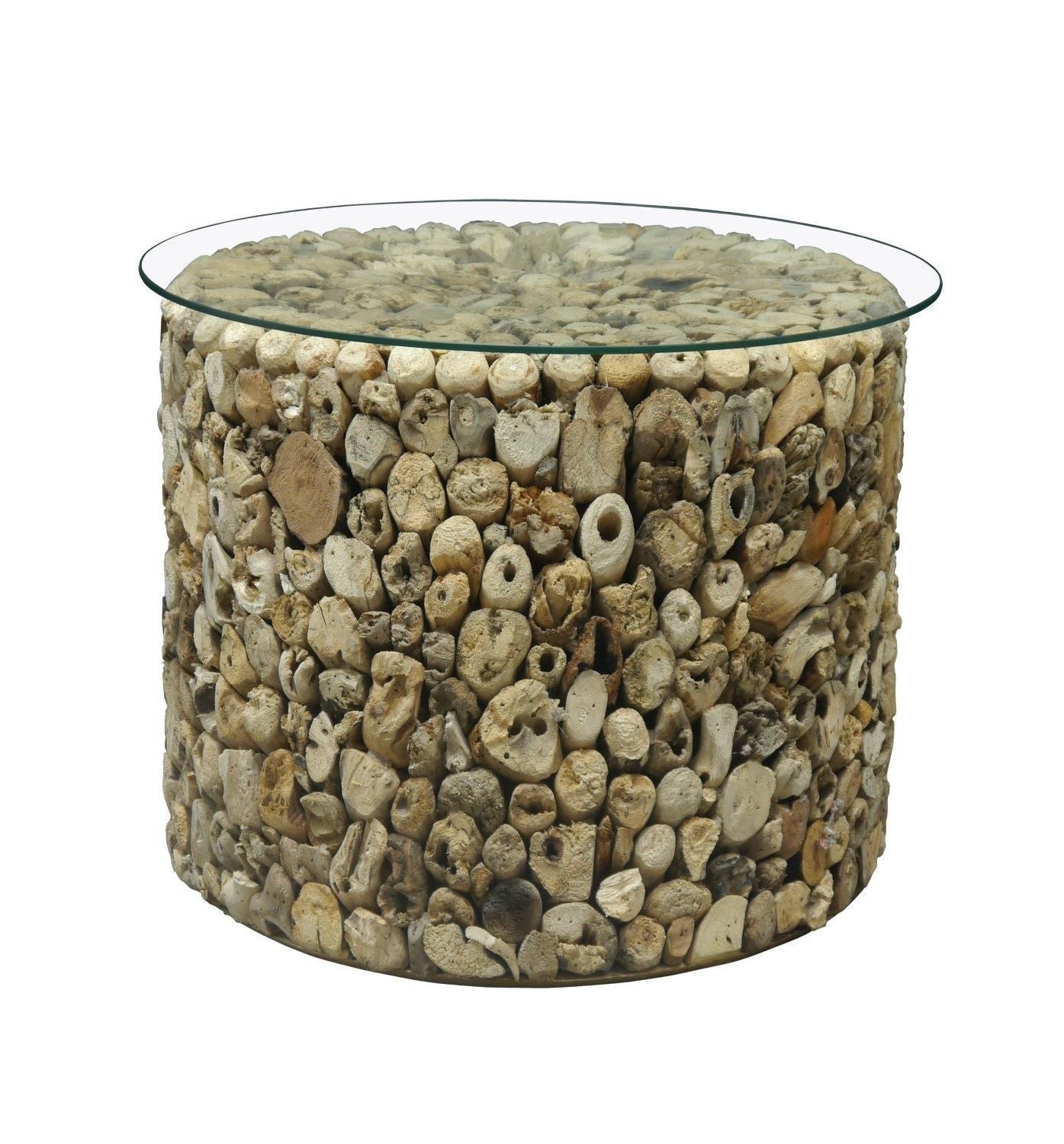 Driftwood Round Drum Lamp Side or Coffee Table With Glass Top 52cm Diameter