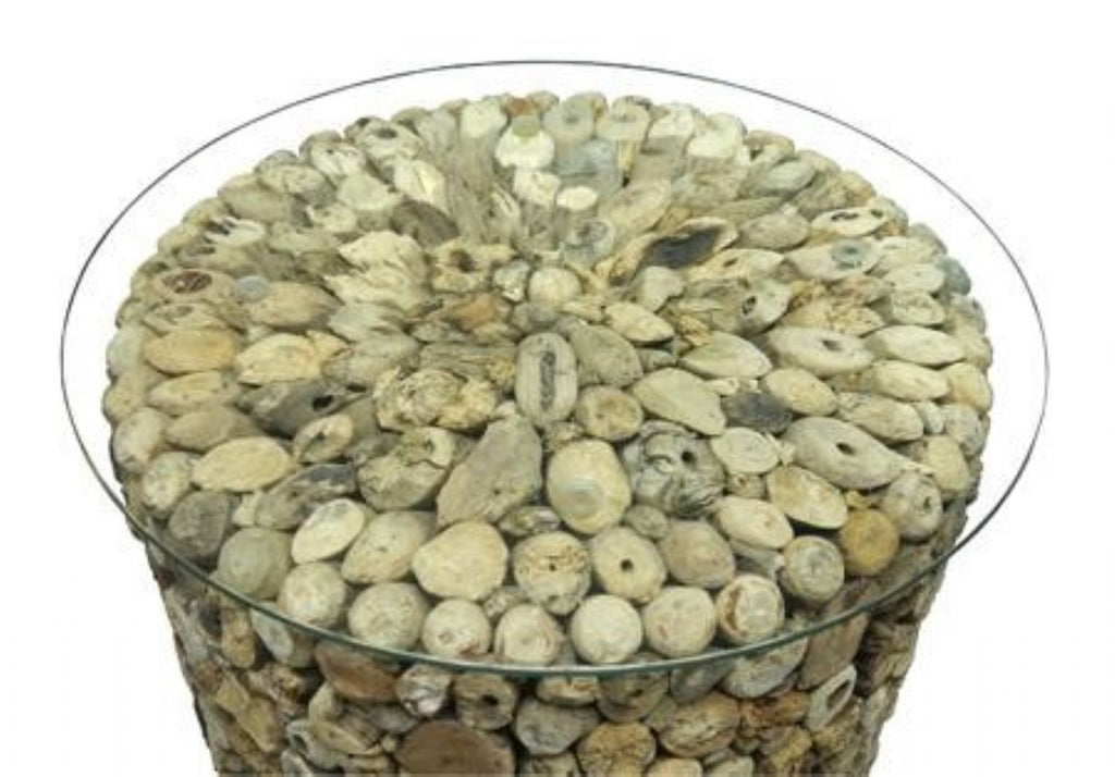 Driftwood Round Drum Lamp Side or Coffee Table With Glass Top 52cm Diameter - Home Furniture Interiors