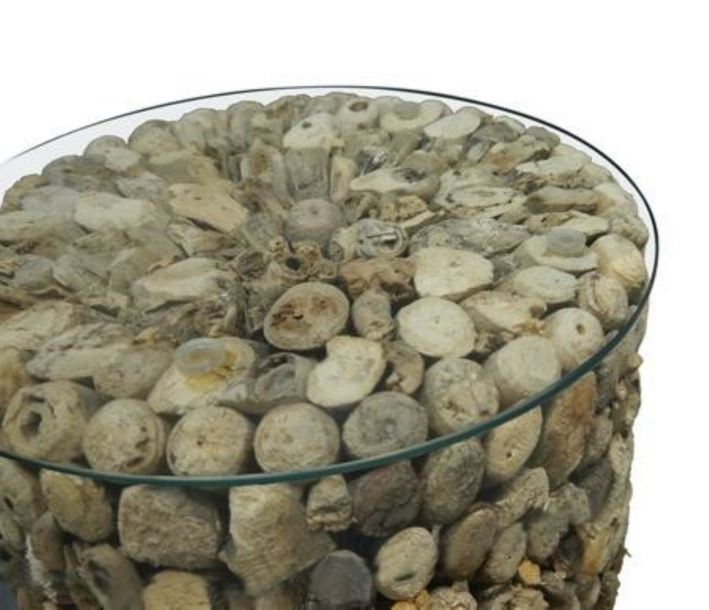 Driftwood Round Drum Lamp Side or Coffee Table With Glass Top 52cm Diameter - Home Furniture Interiors