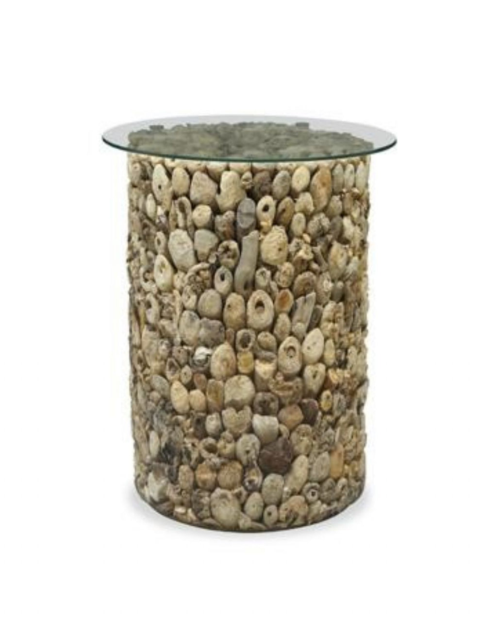 61cm Tall Slim Round Driftwood Lamp Side Table With Glass Top 42cm Diameter