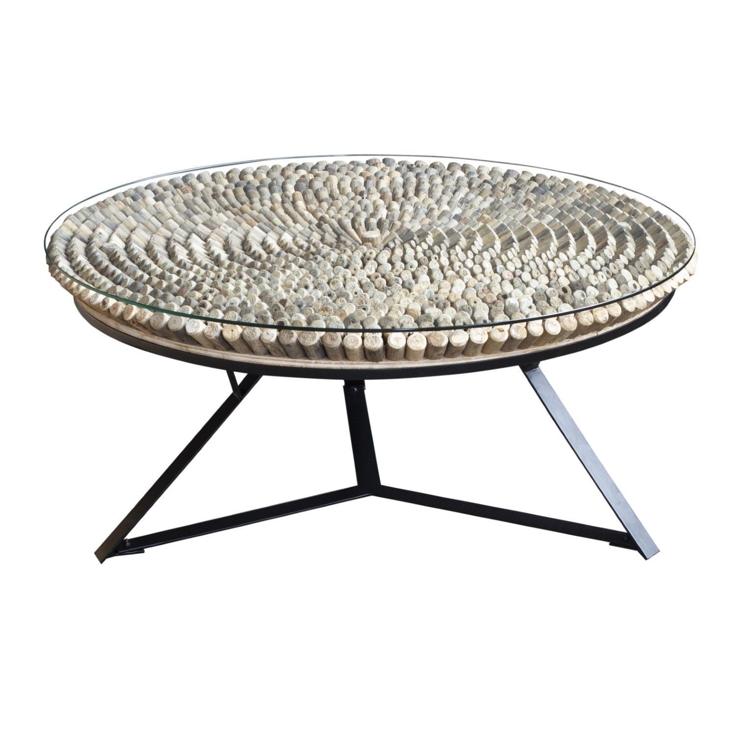 Round Driftwood Mosaic Coffee Table with Tempered Glass Top