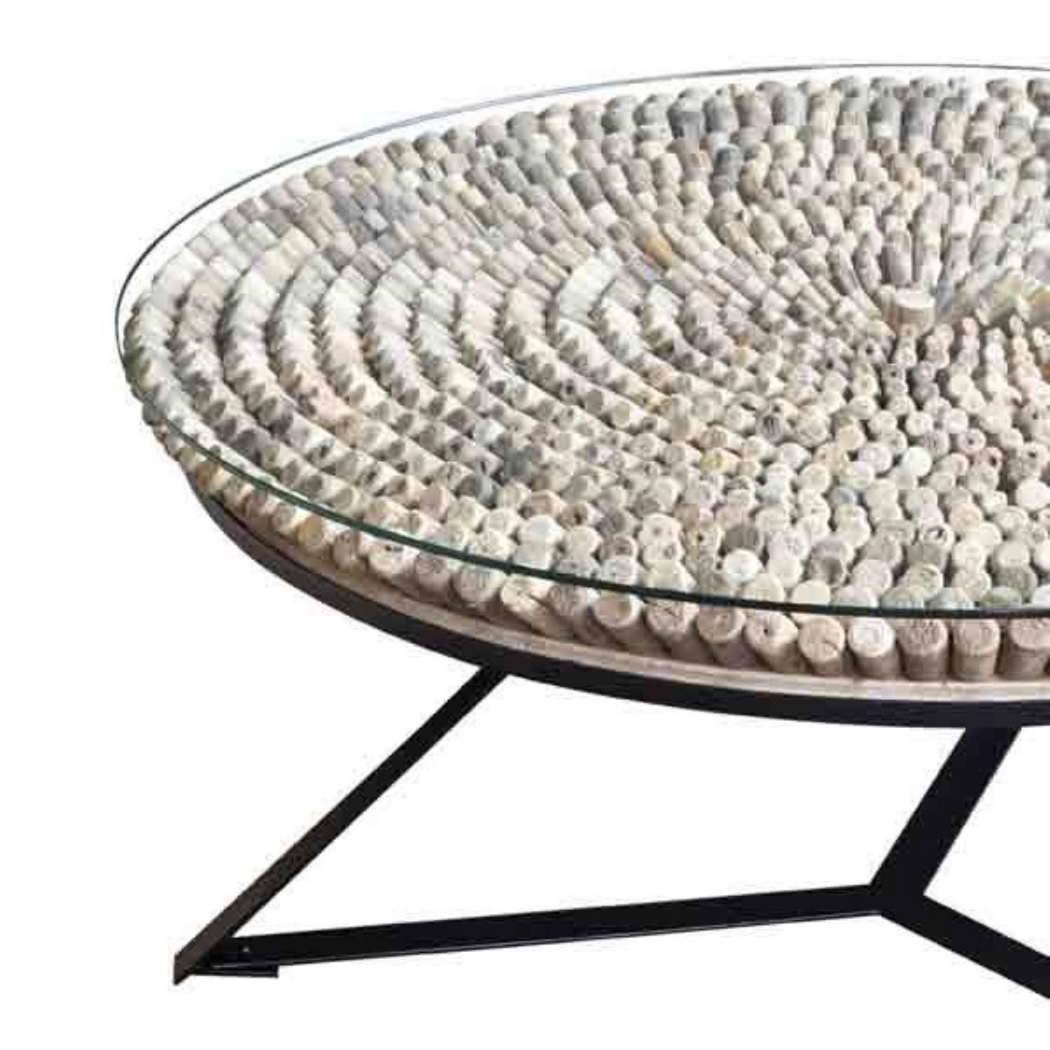Round Driftwood Mosaic Coffee Table with Tempered Glass Top