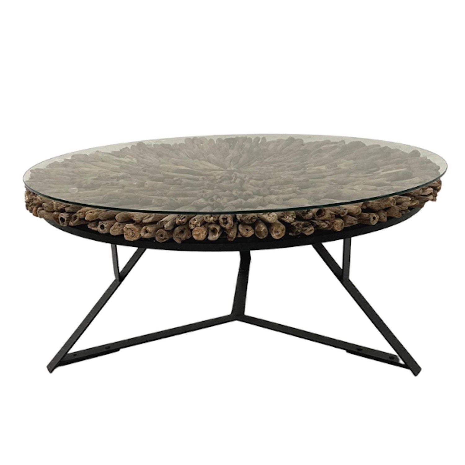 Round Driftwood and Glass Coffee Table with Black Steel Base