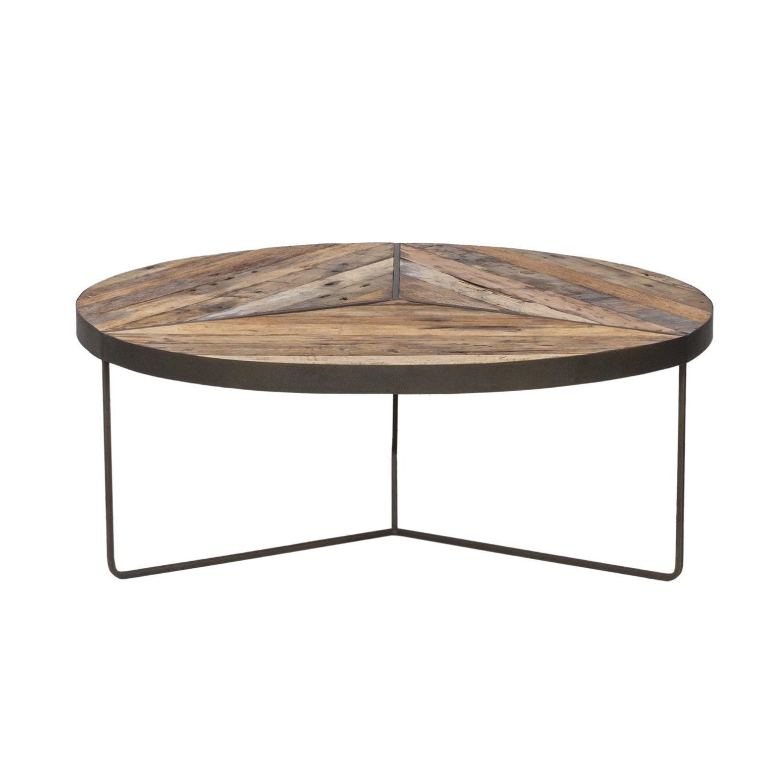 Rustic Large Round Boatwood Coffee Table with Metal Base