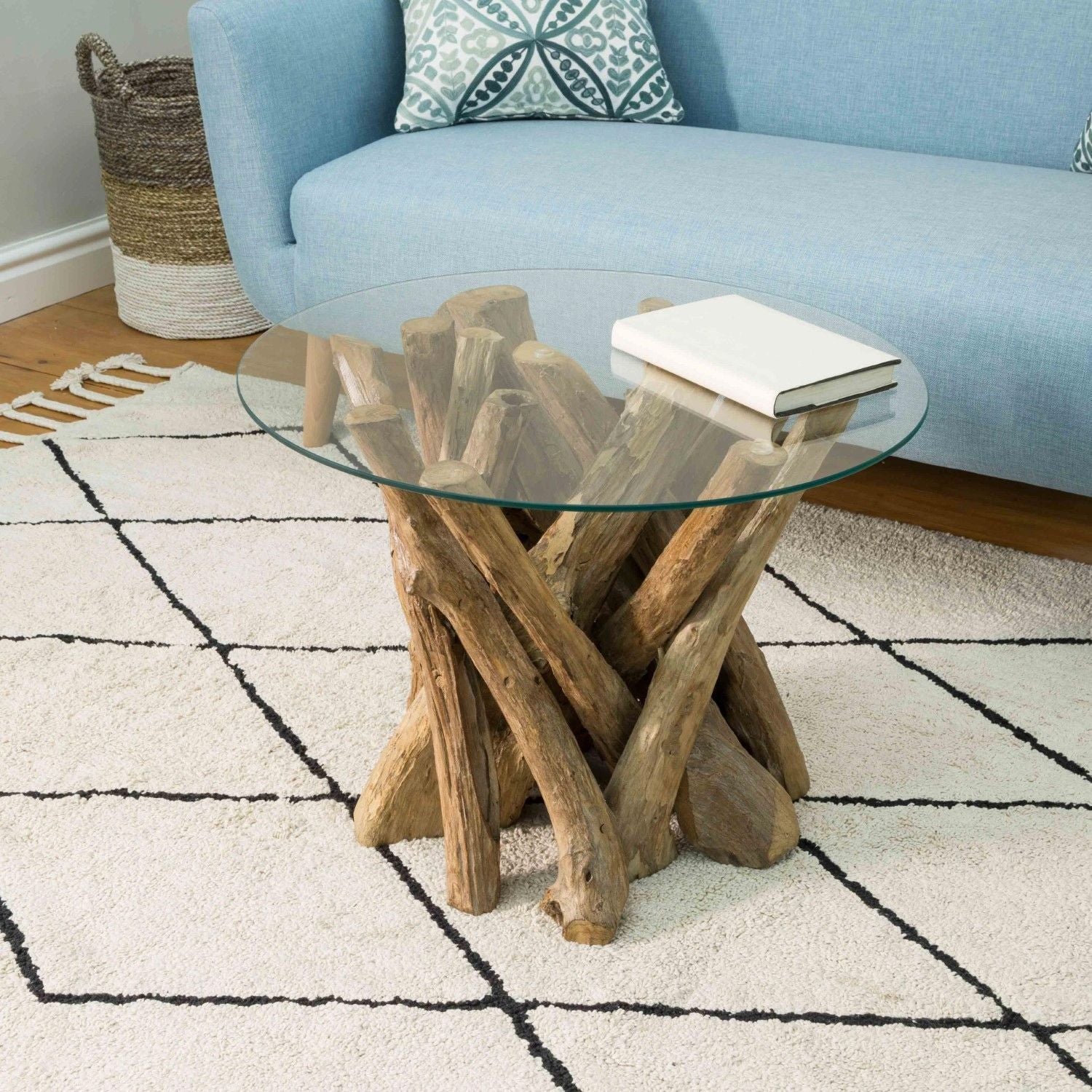 Branchwood Teak Round Coffee Table With Glass Top - Home Furniture Interiors