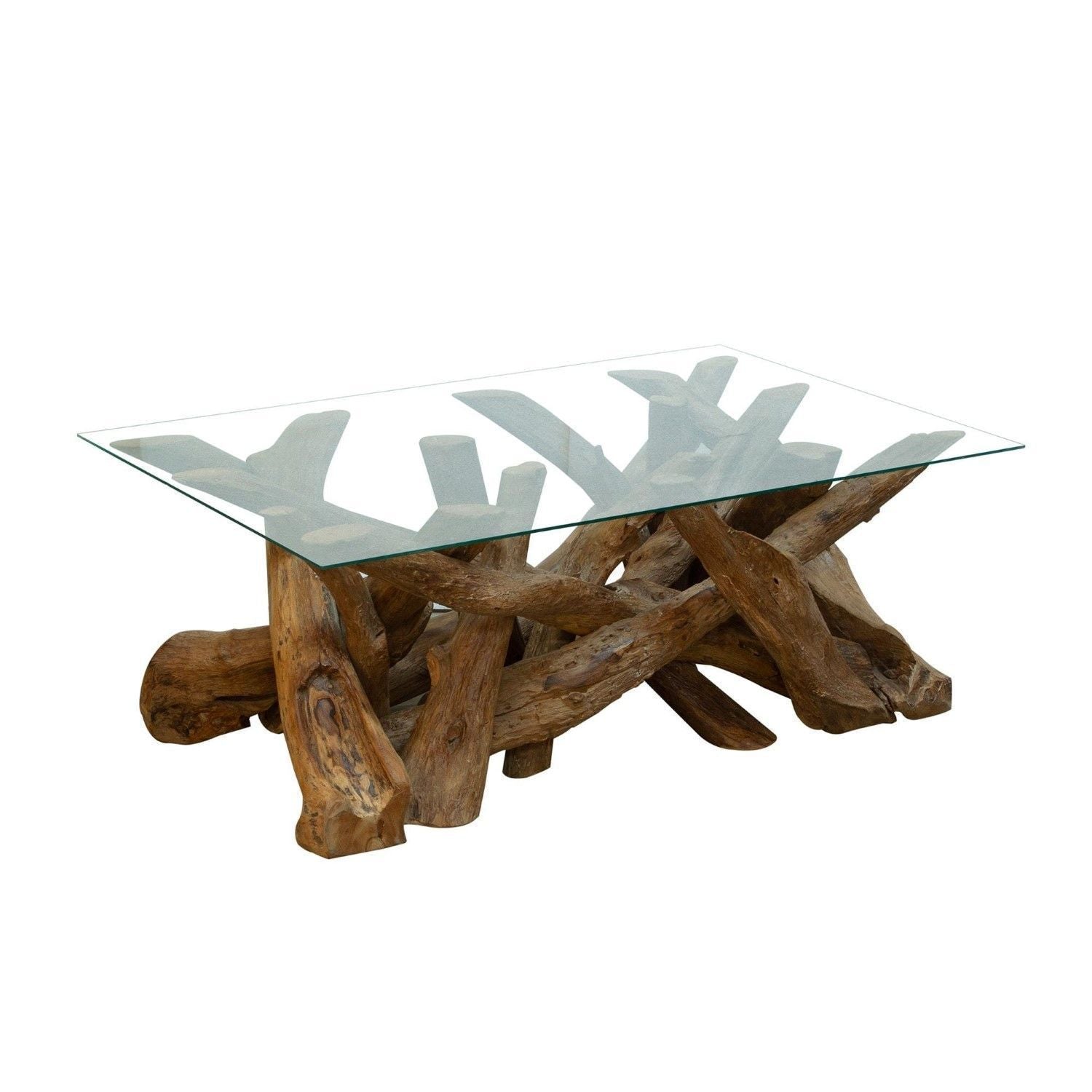 Natural Teak Root Rectangular Coffee Table with Tempered Glass Top
