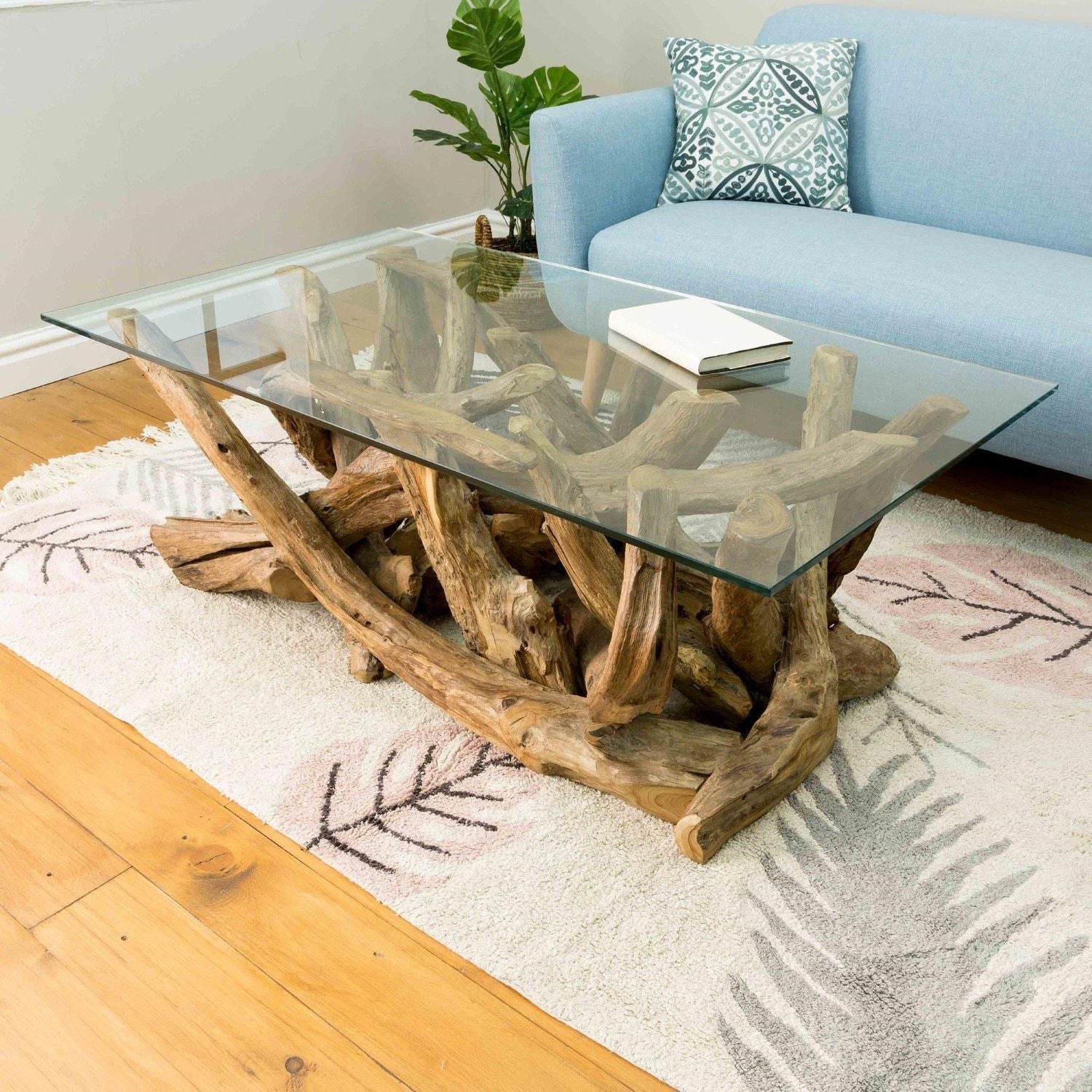 Natural Teak Root Rectangular Coffee Table with Tempered Glass Top