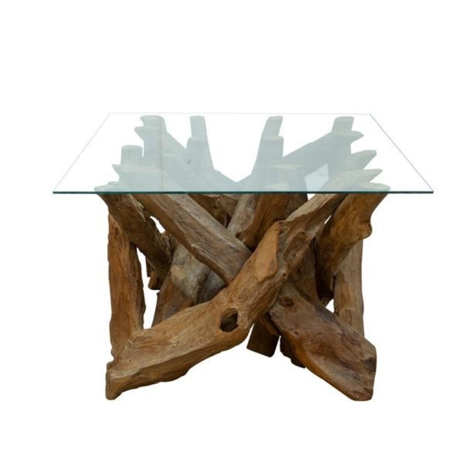 Natural Teak Root Rectangular Coffee Table with Tempered Glass Top