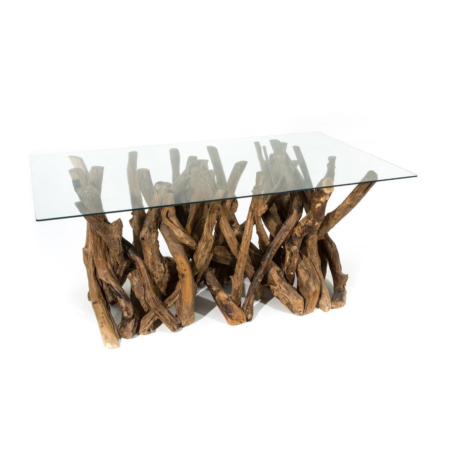 Modern Natural Teak Root Glass Top Rectangular 6 Seater Dining Table