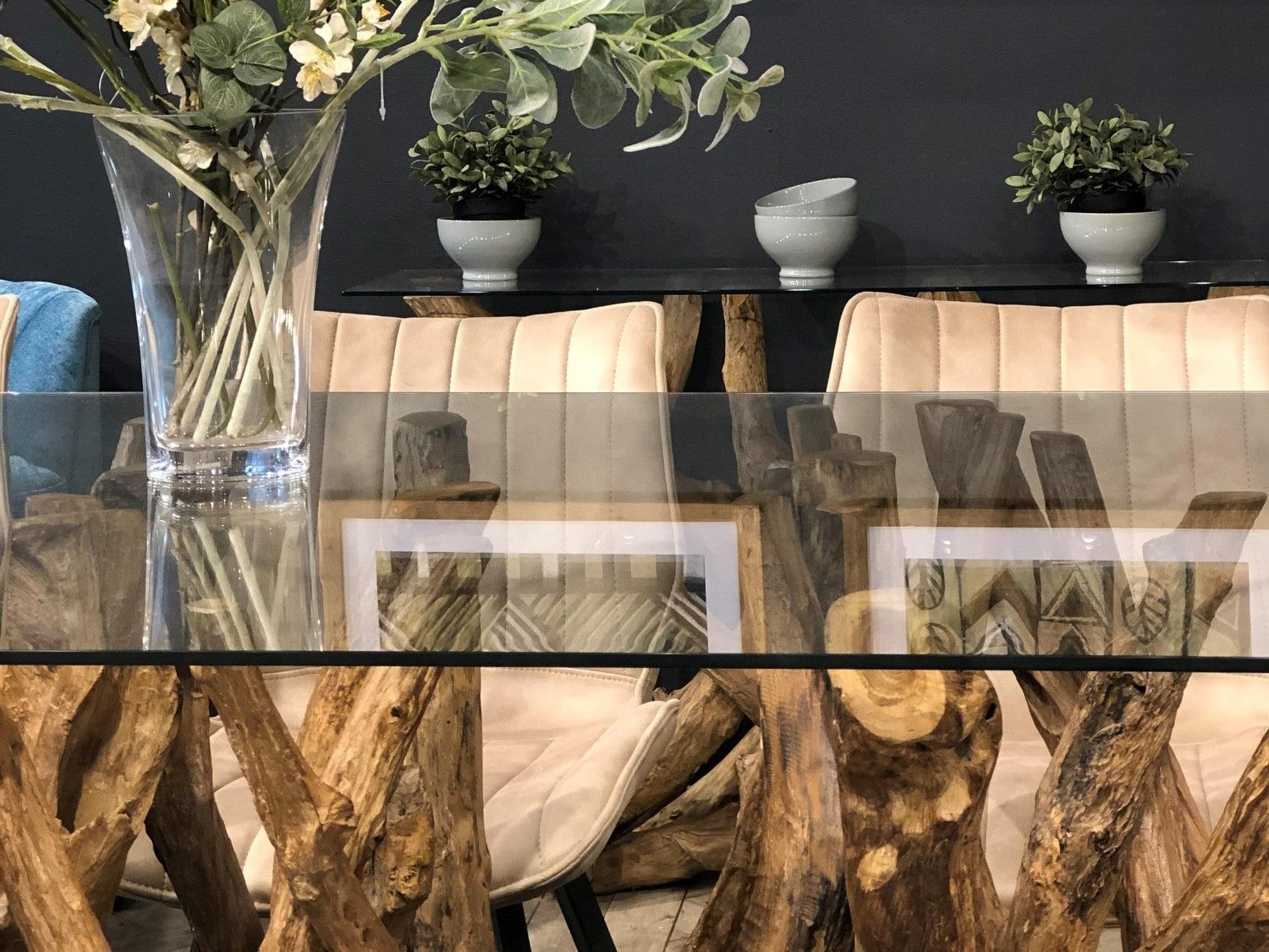 Modern Natural Teak Root Glass Top Rectangular 6 Seater Dining Table