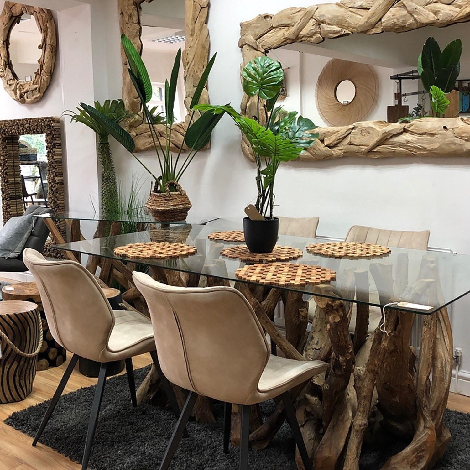 Modern Natural Teak Root Glass Top Rectangular 6 Seater Dining Table