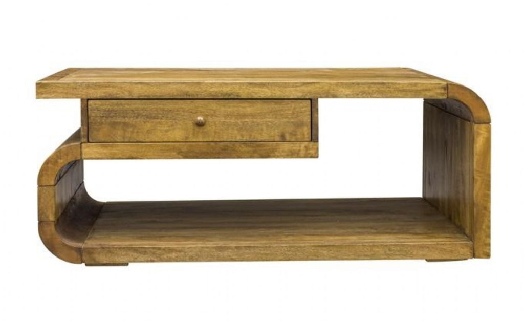 Mango Wood Rectangular Coffee Table with Drawer and Open Shelf