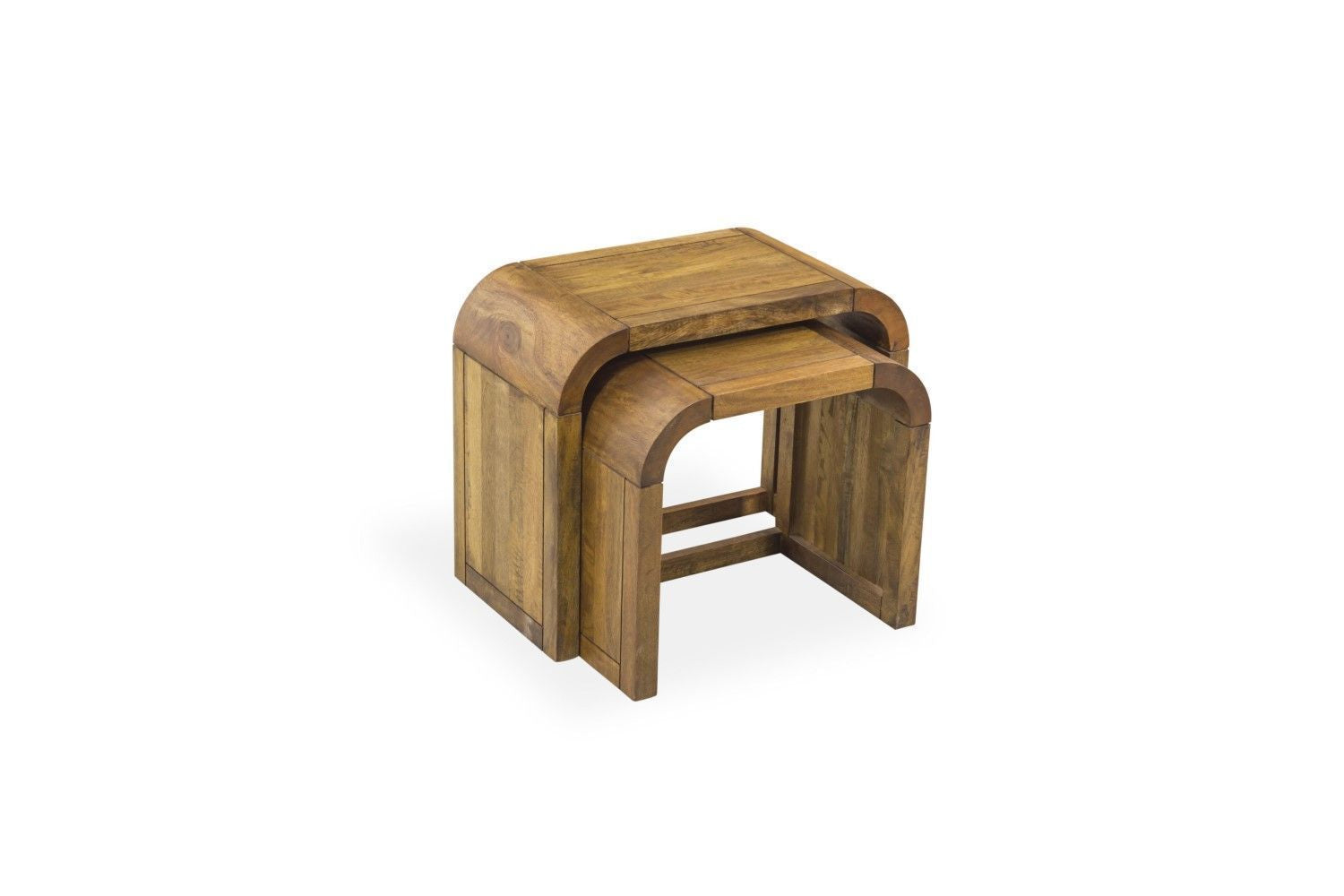 Curved Mango Wood Nest of 2 Side Lamp Occasional Tables Round Edges