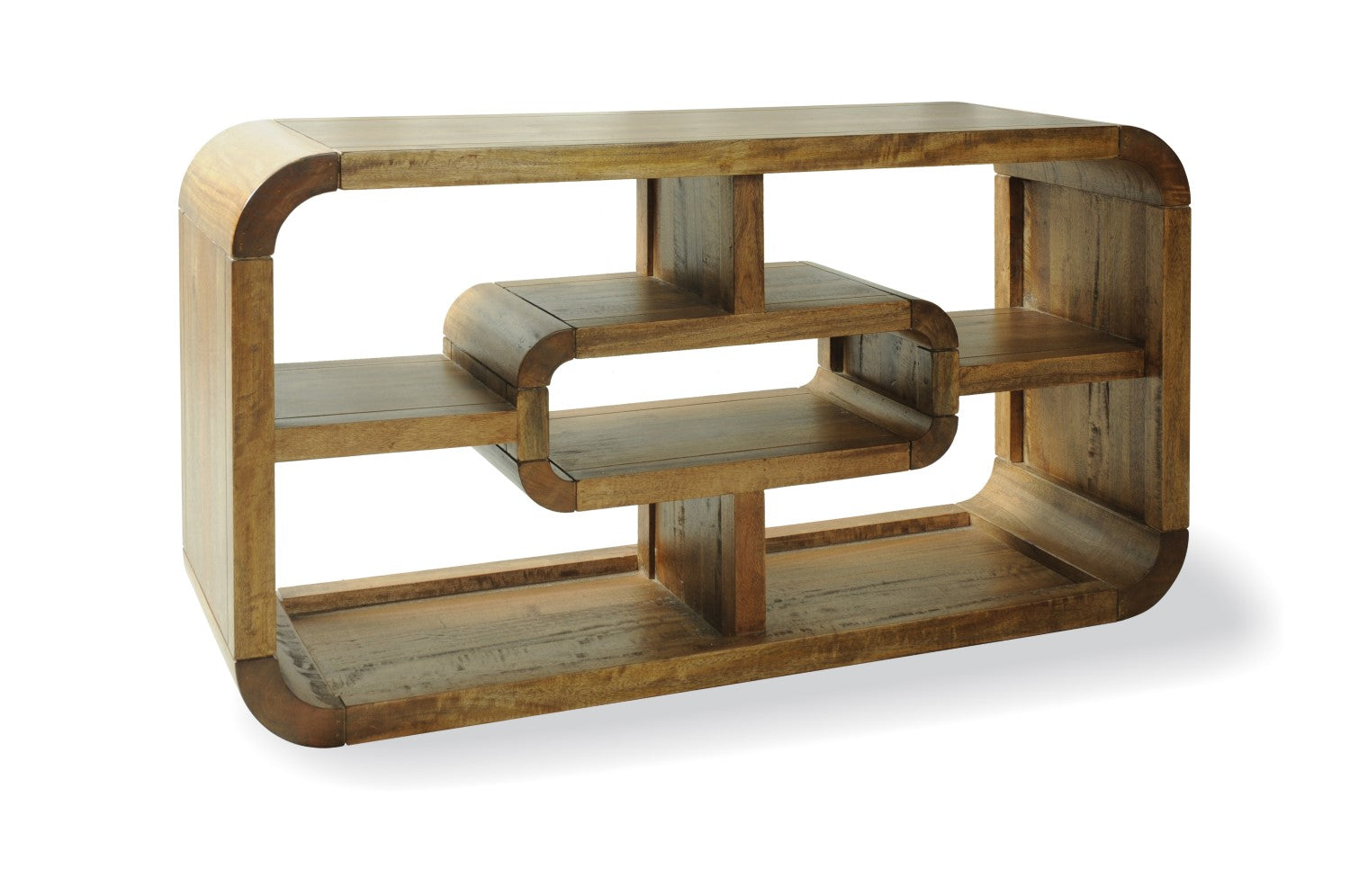 Modern Solid Mango Wood TV and Hi Fi Unit with Curved Open Shelving
